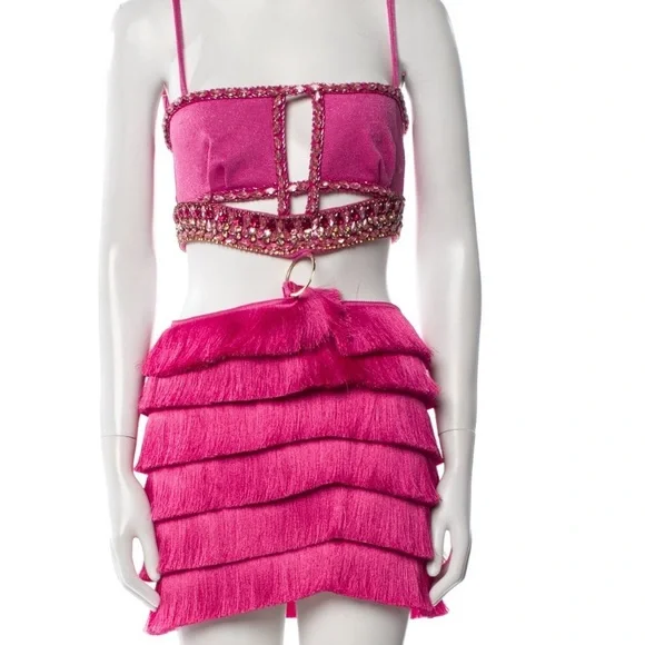 Patbo hand beaded jeweled pink fringe cut out dress XS - Picture 5 of 7